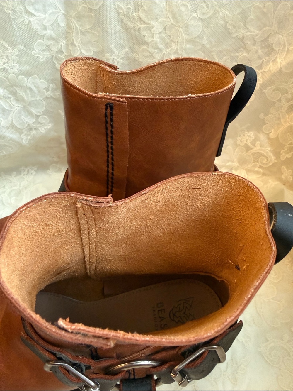 SOLD BEAST FASHION Tan/Brown Faux Cognac Leather with Moto Straps Western NWOT - Picture 9 of 11